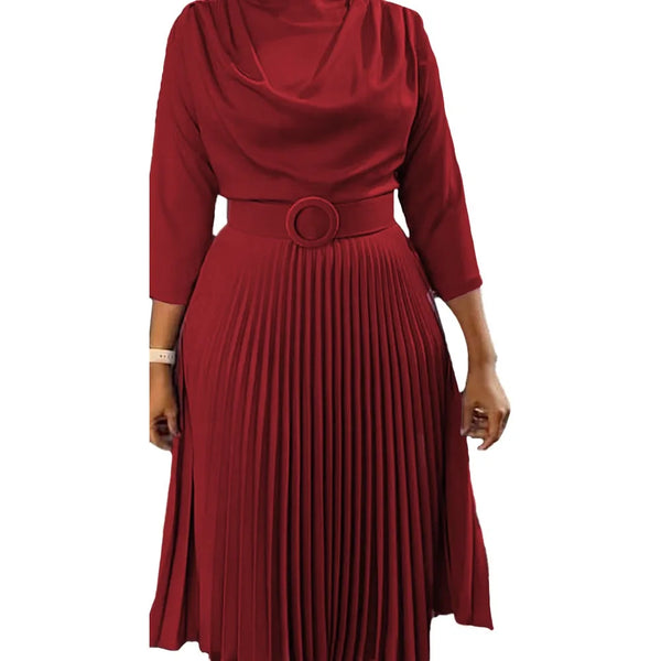 Trendy Pleated Long Sleeve Dress With Belt