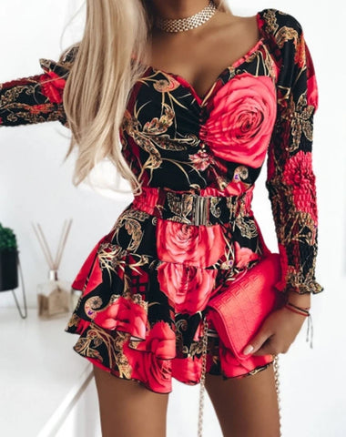 Trendy Red Floral Print Party Dress