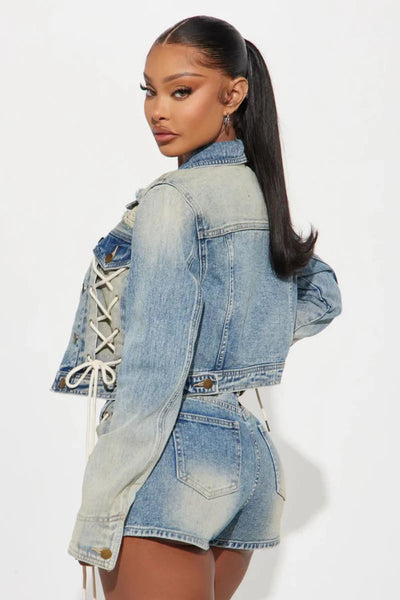 Trendy Denim Bandage Shorts And Crop Top Jacket Set