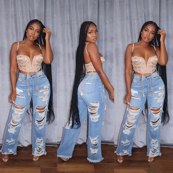 Trendy Rigged Hollow Out High Waist Denim Jeans