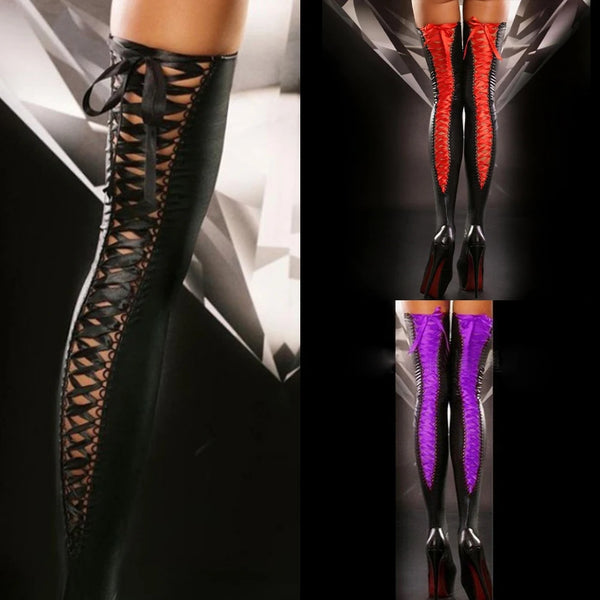 Trendy High Patent Leather Lace Up Stockings