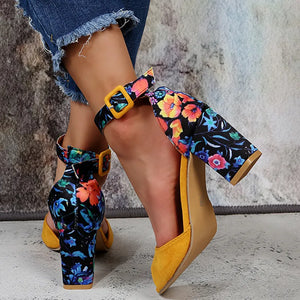 Trendy Flower Print High Peep Toe Ankle Strap Heels