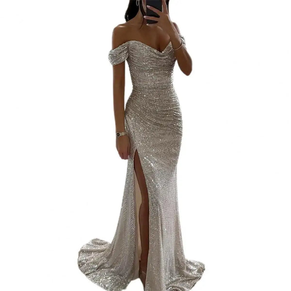 Trendy Formal Elegant V Neck Shoulder Sequin Dress