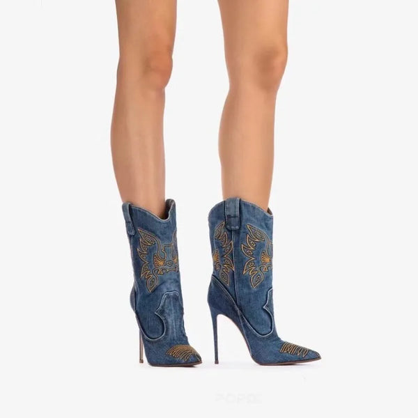 Trendy Western Style Denim Pointed Short Boots