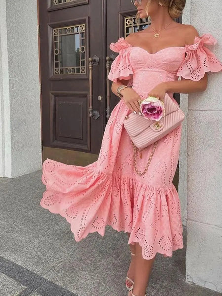 Trendy Off The Shoulder Solid Dot Fabric Dress