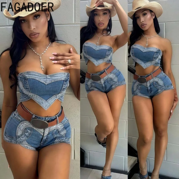 Trendy Denim Heart Bra Corset With Matching Shorts