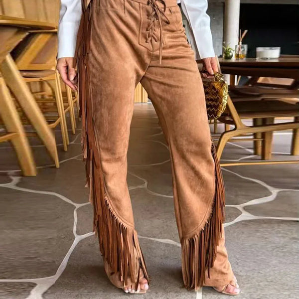 Trendy Fringed Bell Bottoms Velvet Pants