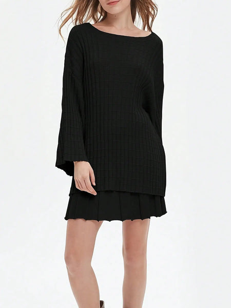Trendy Pleated Long Sleeve Sweater Mini Skirt Set
