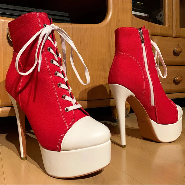 Trendy Platform Canvas Ankle Heel Boots