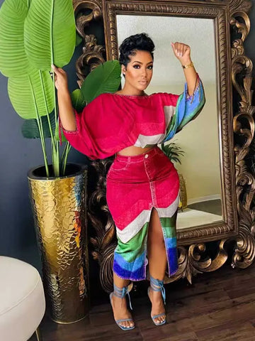 Trendy Two Piece Denim Open Split Skirt With Top