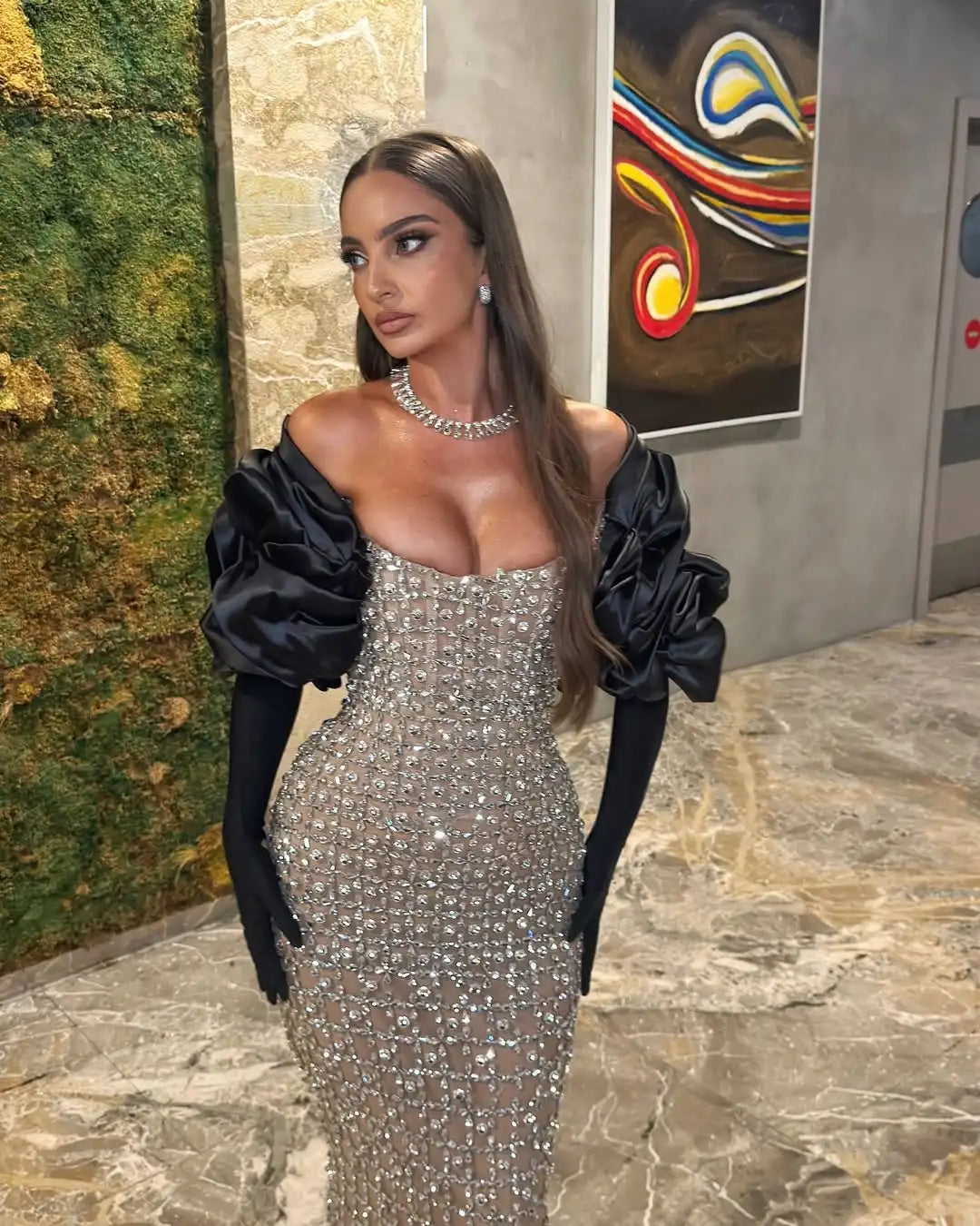 Trendy Silver Sparkle Mermaid Formal Dress With Black Puff Sleeves