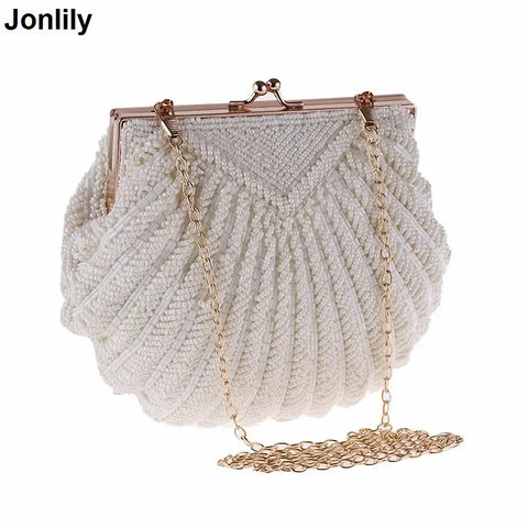 Trendy Clutch Pearl Beaded Shell Chain Party Bag