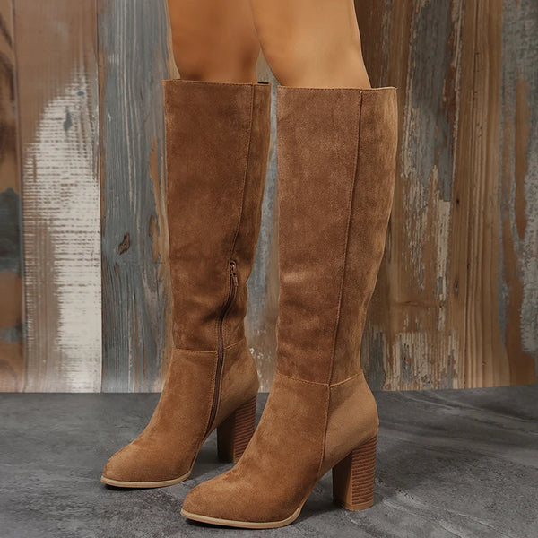 Trendy Western Leather Knee High Heel Boots