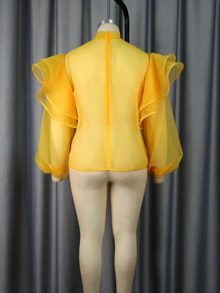 Trendy Yellow Mesh Tulle Bowtie Ruffle Blouse