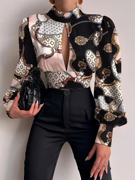 Trendy Backless Hollow Print Crop Blouse