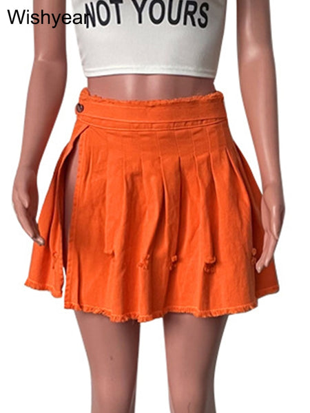 Wishyear Summer Side Slit Pleated Denim Mini Skirt for Women Tassel Ripped A Line Split Jean Short Dress Night Club Rave Outfits
