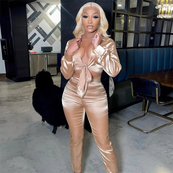 Trendy Satan Lace Up Crop Top And Bottom Pants Set