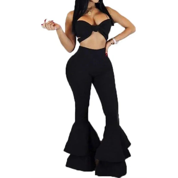 Trendy High Waist Flare Ruffles Slim Pants