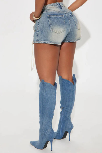 Trendy Denim Bandage Shorts And Crop Top Jacket Set