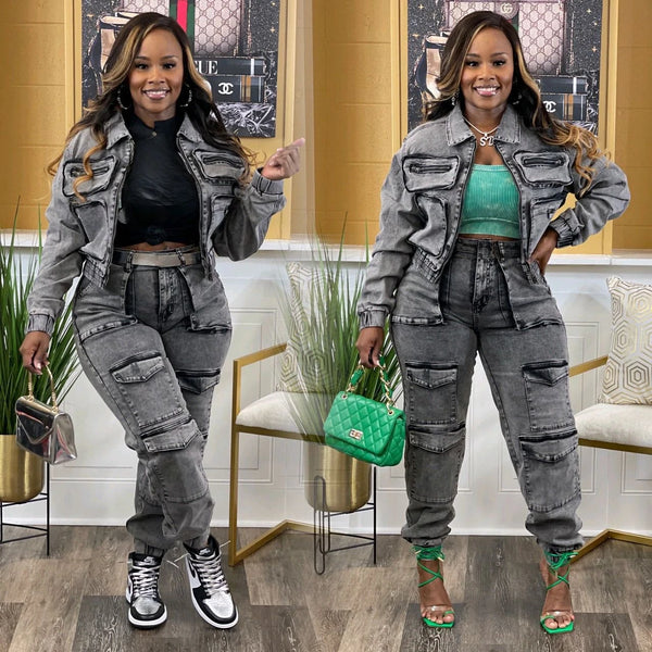 Trendy Denim Cargo Style Jacket And Pants Set