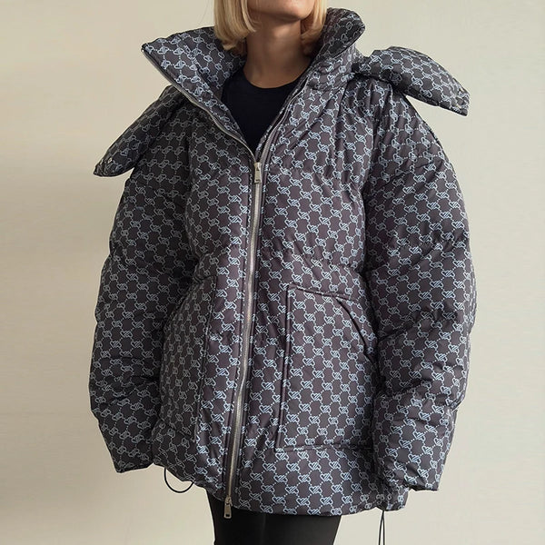 2026 Winter Printed Hooded Puffer Coat Stand Collar Zip Up Big Pockets Women Street Casual Daily Fashion Outfit Trendy Outerwear