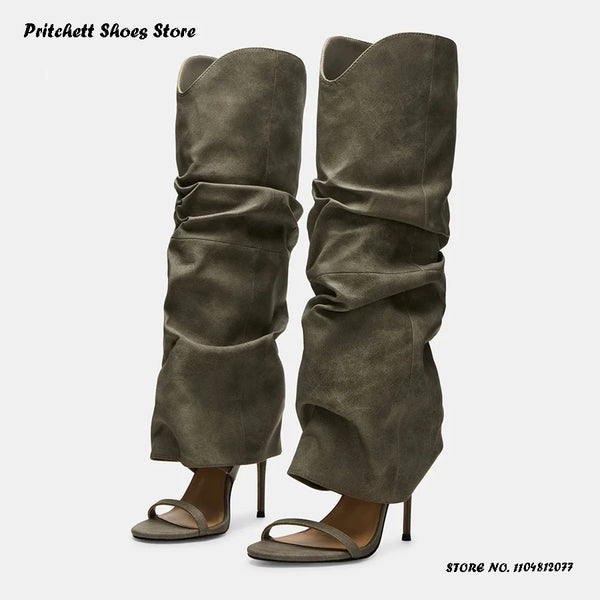 Trendy Pleated Stiletto Open Toe High Heel Boots