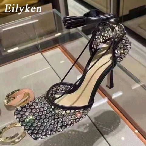 Trendy Fishnet Rhinestone Cross- Tied Sandals