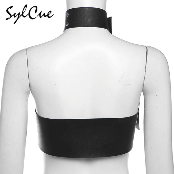 Sylcue Retro Rivet Black Mysterious Sexy Trendy Personality All-match High Street Avant-garde Cool Women's Rigid Chest Wrap Vest