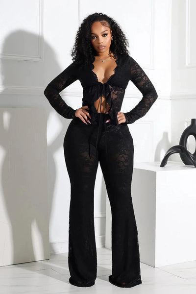 Trendy Lace Cardigan Fringed Two Piece Wide Leg Pants Set