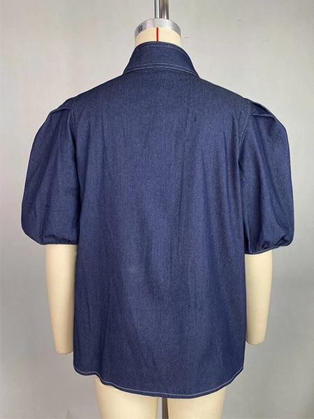 Trendy Puff Denim Blue Bowtie Collar