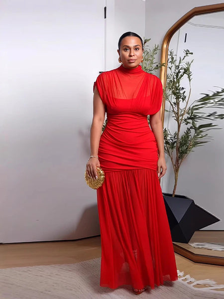Trendy Red Mid Turtle Neck Mesh Maxi Dress