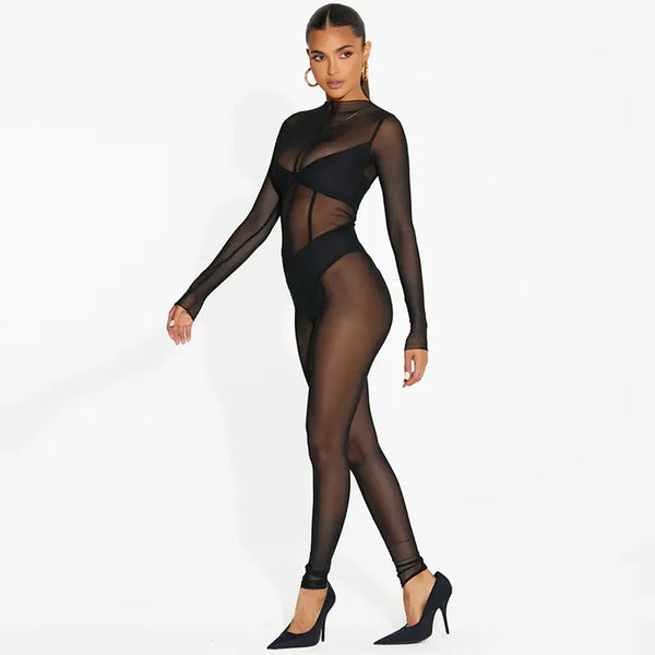 Trendy Mesh Black Lace Long Sleeve Jumpsuit