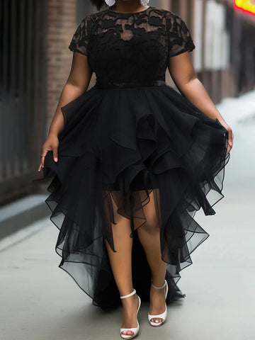 Trendy Black Lace Short Sleeve Ruffle Dress
