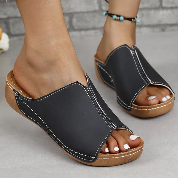 Trendy Slip On Wedge Leather Sandals