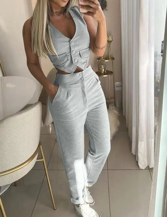Trendy Casual Single Breasted White Vest And Pants Set