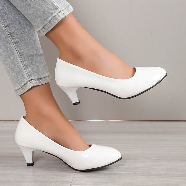 Trendy Round Toe Low Liquid Faux Leather Heels