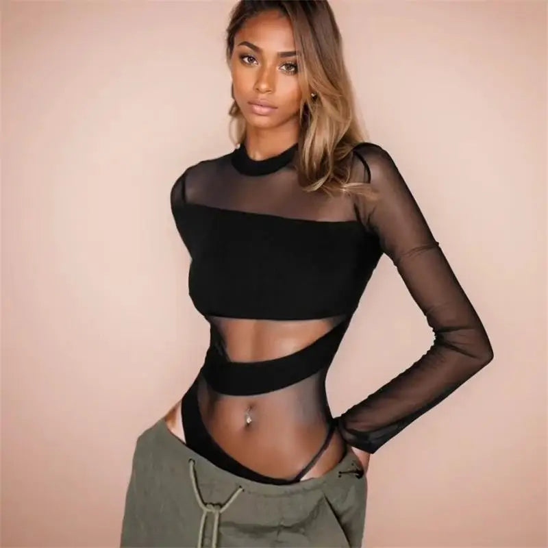 Trendy Black Cross Cut Mesh Bodysuit