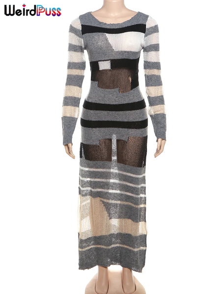 Trendy Stripe Patchwork Long Sleeve o-Neck Maxi Dresss