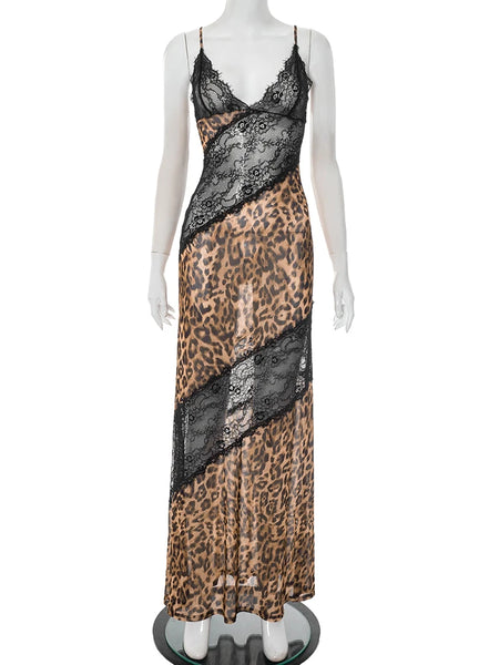 Trendy Leopard Patchwork Mesh Maxi Dress