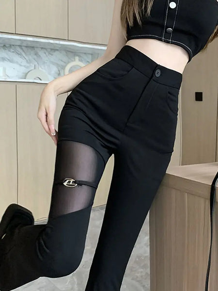 Trendy Hollow Out mesh High Waisted Flare Pants
