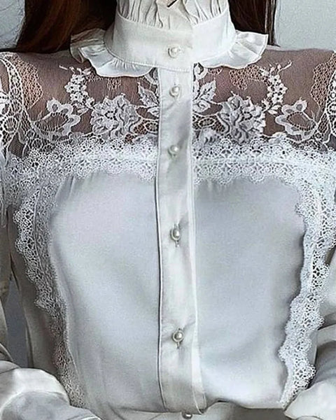 Trendy Lace Mesh Long Lantern Sleeves Stand Collar Blouse