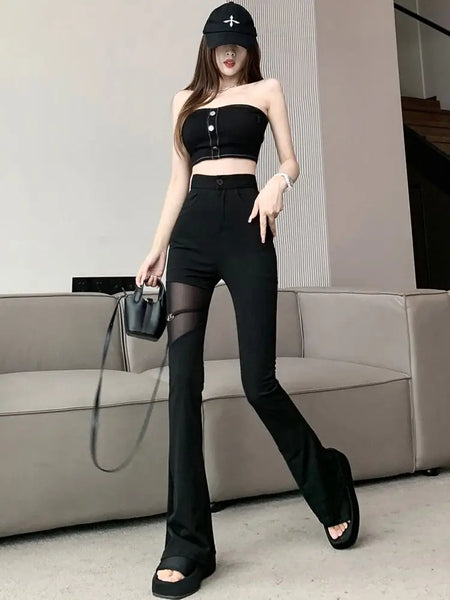 Trendy Hollow Out mesh High Waisted Flare Pants