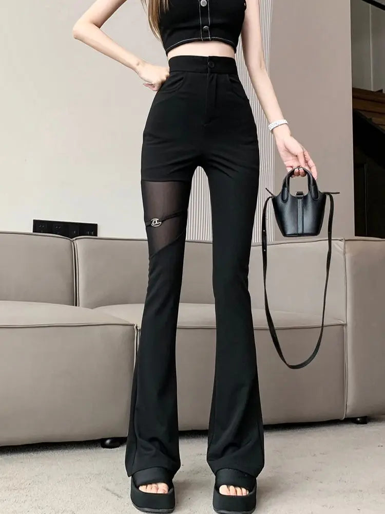 Trendy Hollow Out mesh High Waisted Flare Pants