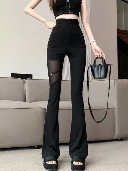 Trendy Hollow Out mesh High Waisted Flare Pants