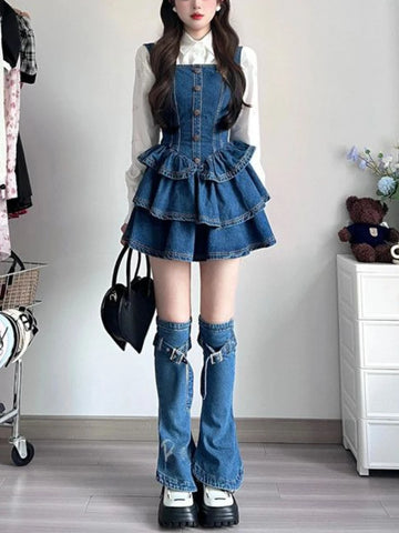 Trendy Denim Mini Ruffle Floral Dress With Shirt