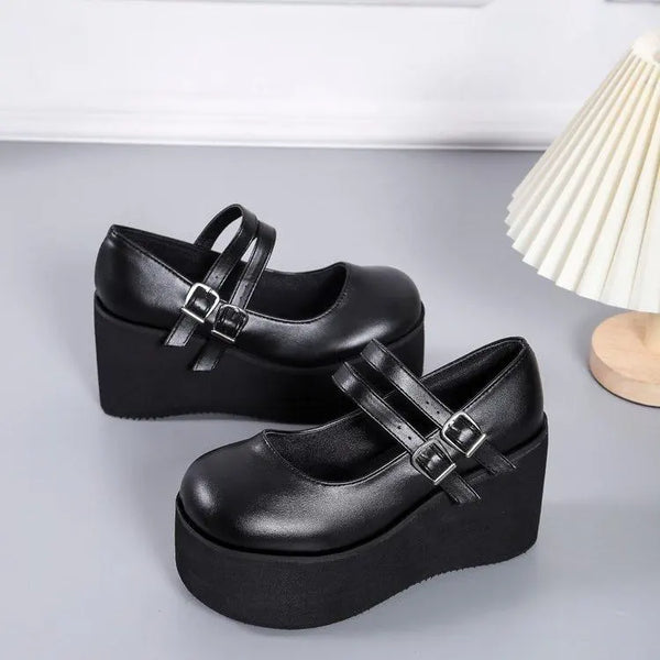 Trendy Black Mary Jane Wedge Heels