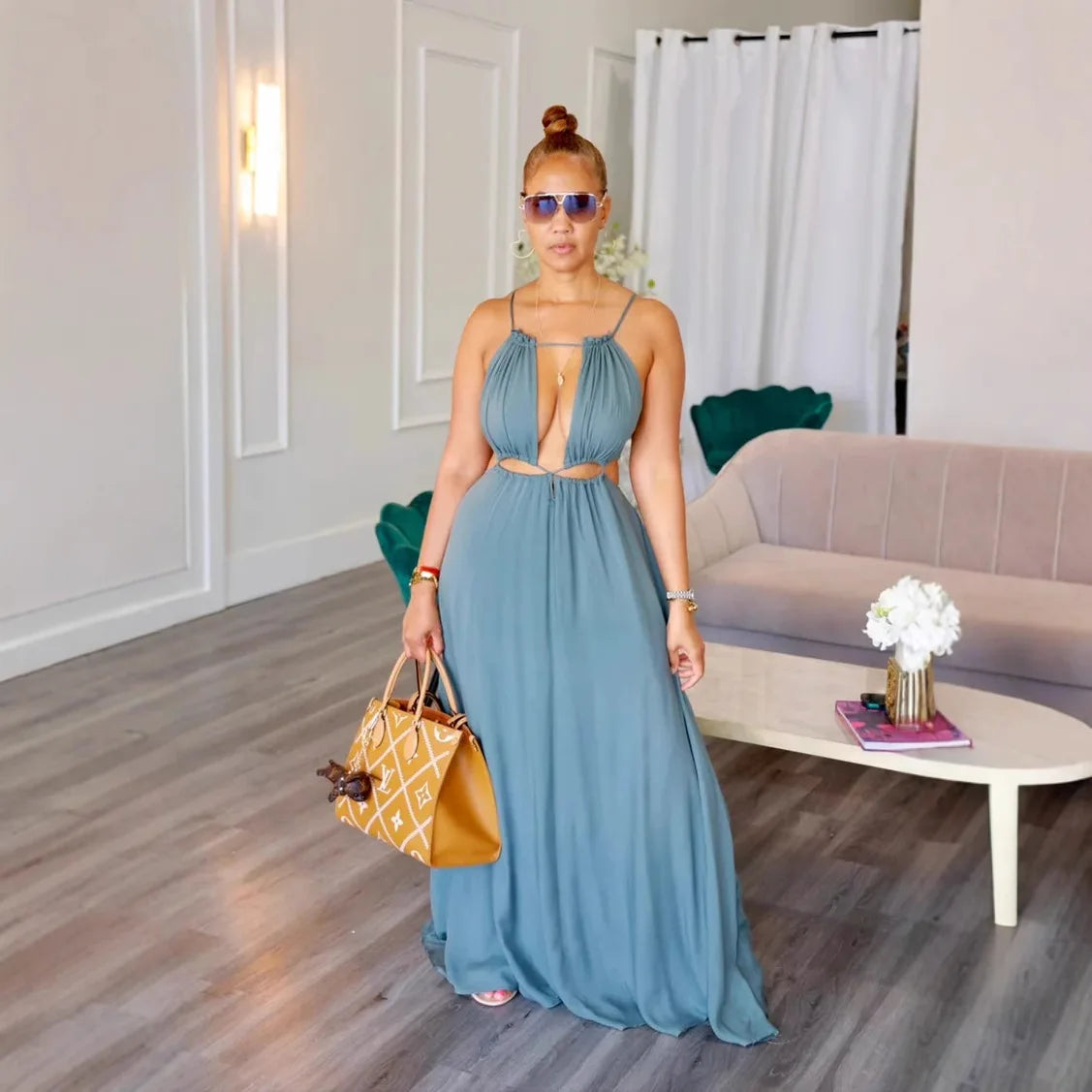 Trendy Sling Hollow Out Sleeveless Maxi Dress