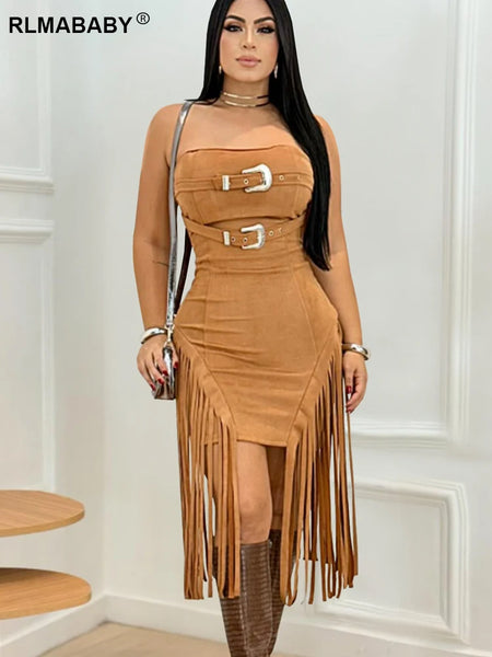 Trendy Fringed Tassel Backless Dress With Belt