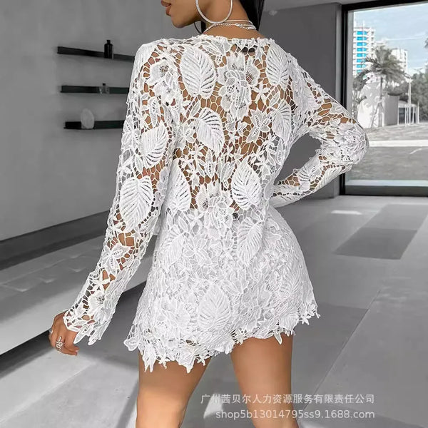 Trendy Hollow Out White Lace Cardigan Top And Bottom Set