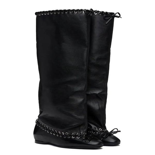 Trendy Wide Knee High Cross Tied Flat Sole Boots